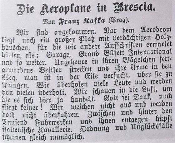 Die ersten Zeilen von Kafkas Artikel ‚Die Aeroplane in Brescia‘ in Prager Zeitung ‚Bohemia‘