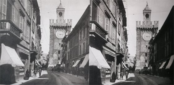 Uhrturm in Brescia (Stereoskopische Aufnahme)